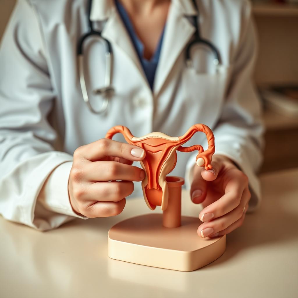 Doctor pointing to a uterus model with a probe, explaining the IUI procedure