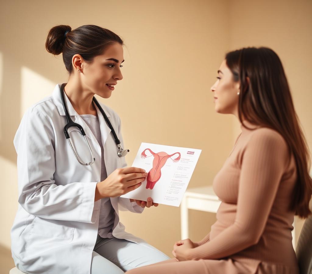 Doctor explaining ovulation induction and the IUI process to a patient using a uterus model and chart